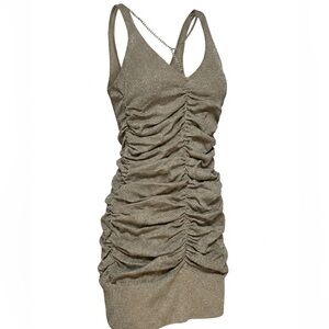 bebe Shimmering Tan Ruched Mini Dress